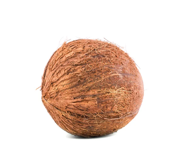 Celý kokosový ořech izolovaný nad jasným pozadím. Letní plody pro gurmány. Chutné přírodní ingredience. Vegetariánské diety. — Stock fotografie