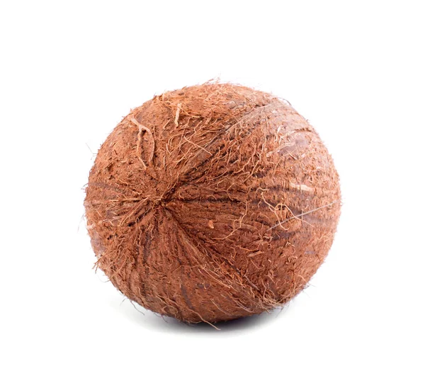 Um coco perfeito isolado sobre o fundo radiante. Um coco castanho com textura riscada. Nozes saudáveis saborosas para dietas . — Fotografia de Stock