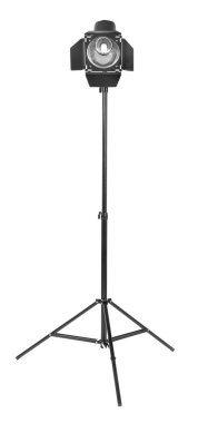 Stüdyo aydınlatma beyaz bir arka plan üzerinde izole bir tripod stand. Projektör sinema için. Film tek simge siyah stil biteşleminde, yapma.