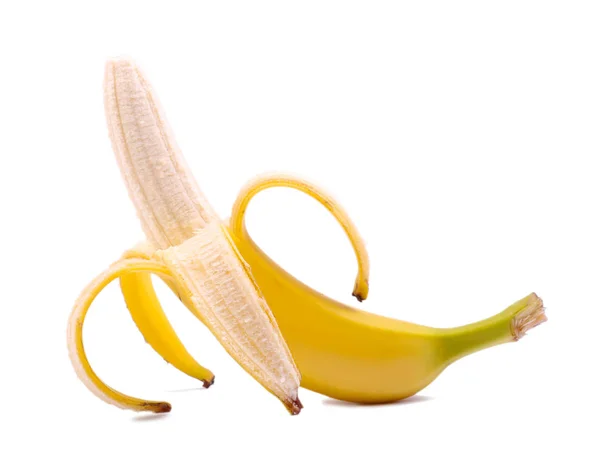 A peelea in a half banana, isolated on a white background. Sweet, fresh, ripe, half-peeled banana. Tropical fruit concept. Healthy food. — Stock Photo, Image