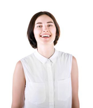 Parlak bir arka plan üzerinde izole bir bayan. Beyaz bir bluz mutlu bir öğrenci. Profesyonel bir bayan. Heyecanlı kız. Başarı kavramı. 