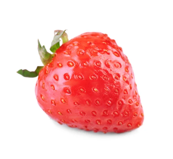 A close-up strawberry isolated on a white background. A macro picture of a fresh strawberry. A whole red berry with green leaves. — Stock Photo, Image