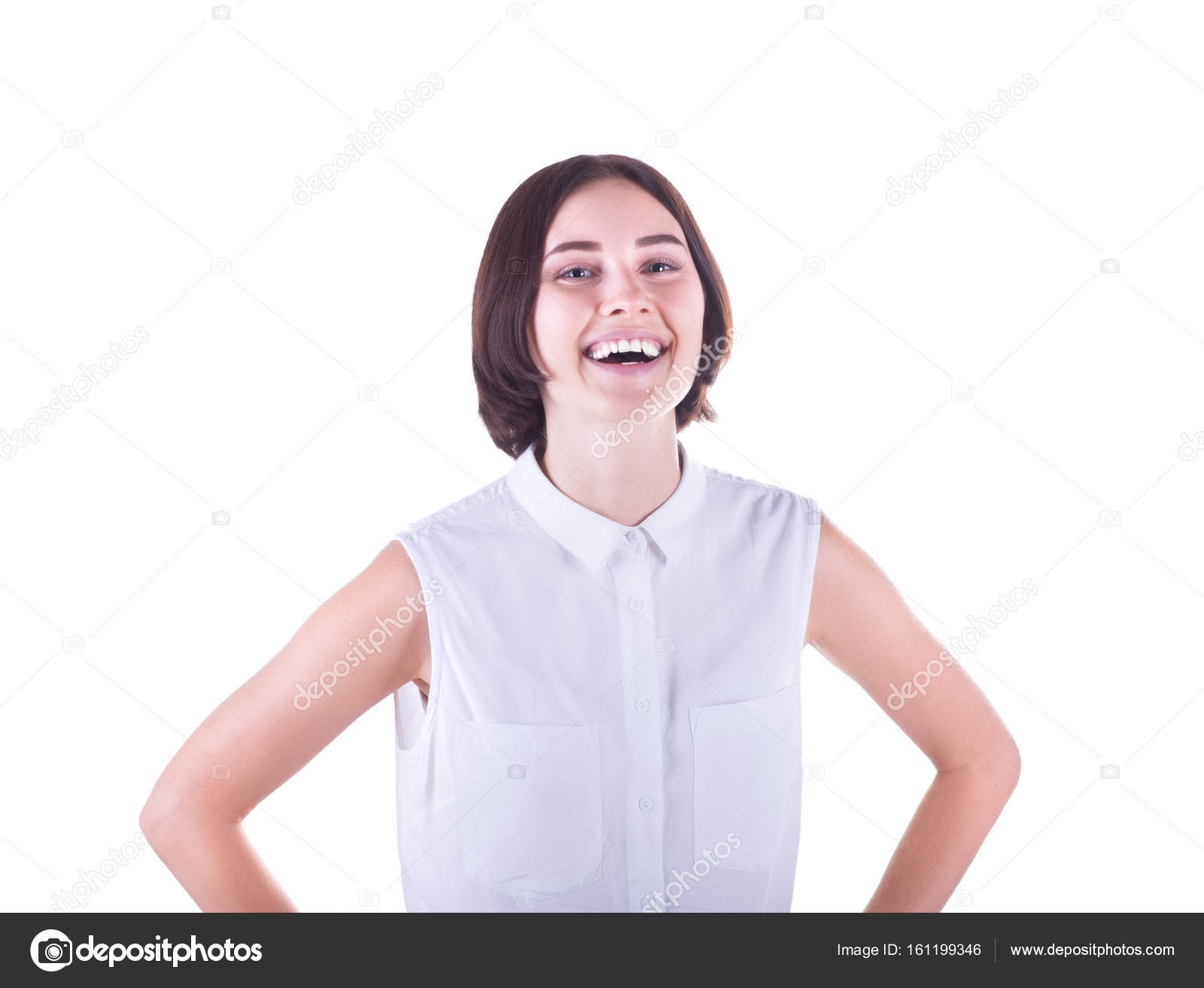 A Gorgeous Smiling Girl With Short Dark Brown Hair Isolated