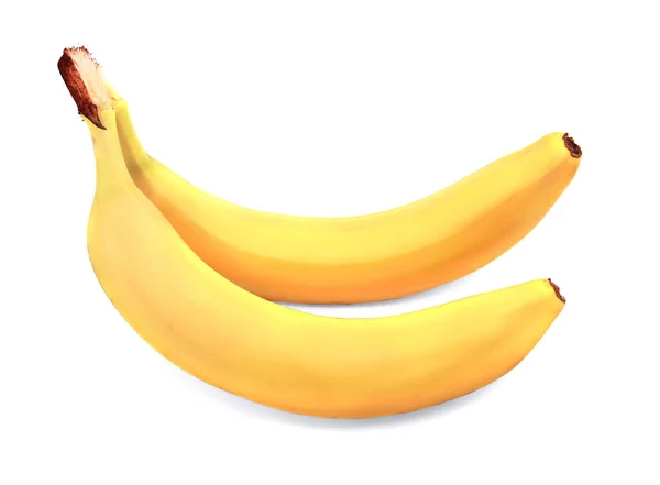 Duas bananas inteiras isoladas num fundo branco. Aperitivo deliciosas bananas. Ingredientes para sobremesas refrescantes de verão . — Fotografia de Stock