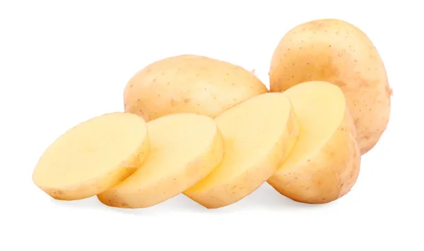 Okokt ljus brun potatis. En närbild skalad potatis isolerad på en vit bakgrund. Ekologiska ingredienser för hemlagad mat. — Stockfoto