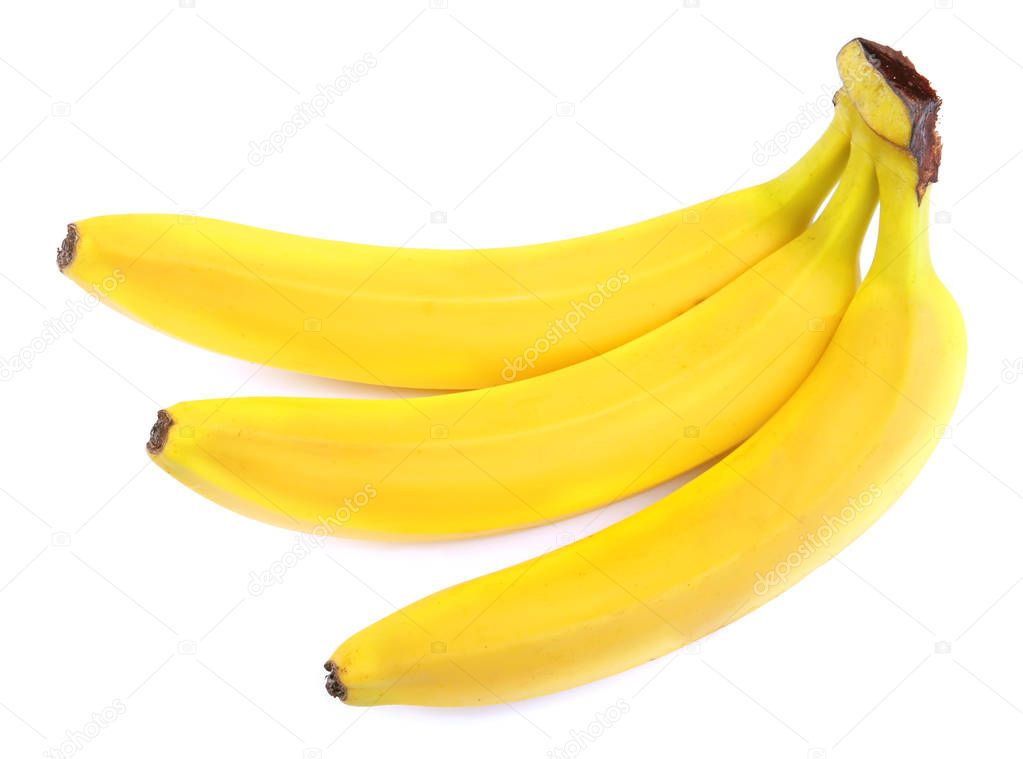Three appetizing and tasty bananas isolated on a white background. Unpeeled whole bananas ...