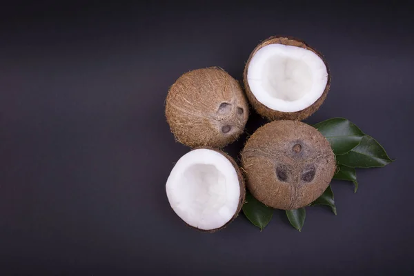 Cocos exóticos y frescos con hojas verdes sobre un fondo púrpura oscuro. Fruta fresca, madura y orgánica de los cocos. Ingredientes saludables para el verano . —  Fotos de Stock