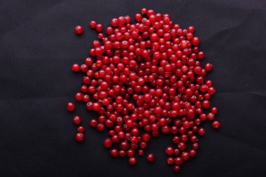 Taze ve olgun kırmızı kuş üzümü doymuş bir siyah arka plan üzerine. Yemek için lezzetli ve besleyici madde. Zevkli üzümü vitamin dolu.  