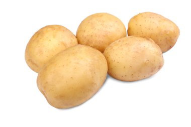 Taze ve organik yeni patates, beyaz bir arka plan üzerinde izole yakın çekim resmin. Ham ve sert patates besleyici vitamin dolu.