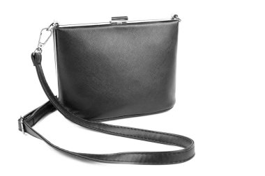 Bayanlar Siyah çanta, beyaz bir arka plan üzerinde izole. Moda ve deri Bayan el çantası. Siyah bir çanta ile uzun kolları boyutunda ortamıdır.