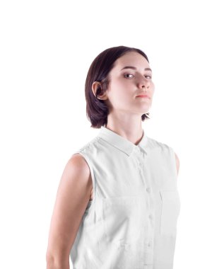 Beyaz bir arka plan üzerinde izole katı office erkek. Ciddi ve resmi bir bayan. Bir hayal kırıklığına esmer iş kadını. 