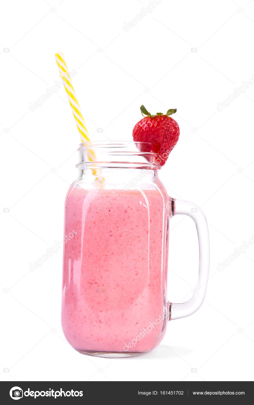 Download A Beautiful Pink Milkshake In A Glass Jar With A Yellow Striped Straw And A Cute Red Strawberry On Top Of It Stock Photo C Alfa4studio 161451702 PSD Mockup Templates