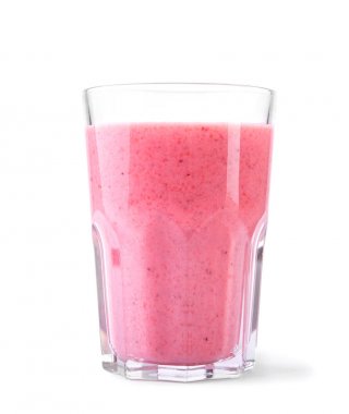 Bir cam kavanoz ile güzel bir pembe sallamak. Tatlı çilek bir parlak pembe içki ile şeffaf cam.