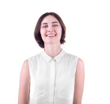 Beyaz bir arka plan üzerinde izole bir gülümseyen hanımefendi. Mutlu ve kendine güvenen bir öğrenci. Profesyonel başarılı bir kadın. Sağlık kavramı. 