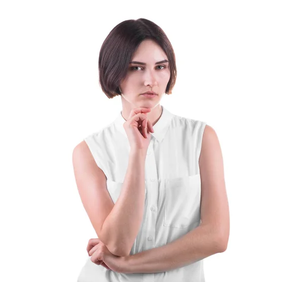 Una mujer de oficina preocupada aislada sobre un fondo blanco. Mujer de negocios en una pose de pensamiento. Una joven hermosa y estricta . — Foto de Stock