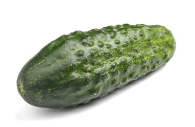 Yakın çekim yeşil salatalık. Beyaz bir arka plan üzerinde izole bir bütün ve taze salatalık. Sağlıklı Salatalar için lezzetli sebze. 