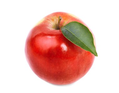 Mükemmel Kırmızı elma yeşil yaprak, beyaz bir arka plan üzerinde izole. Sulu, besleyici, lezzetli, parlak meyve. Sağlıklı bir kahvaltı. 