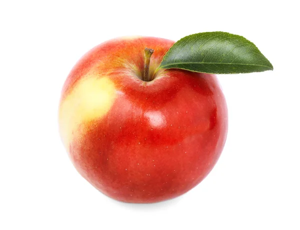 Ein perfekter roter Apfel mit grünem Blatt und gelbem Fleck, isoliert auf weißem Hintergrund. saftige, nahrhafte, schmackhafte, helle Früchte. — Stockfoto