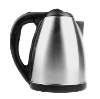 Modern gümüş çay, beyaz bir arka plan üzerinde izole. Elektrik paslanmaz çelik su ısıtıcısı. Ekipman ev için. Ev eşyaları.