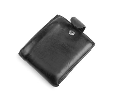 Yeni siyah erkek cüzdan, beyaz bir arka plan üzerinde izole. Bir sürü para deri çanta. Güzel erkeğin aksesuarları.