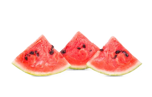 Close-up de três fatias de melancia madura, isolado em um fundo branco. A polpa de melancia é refrescante e contém sementes minúsculas . — Fotografia de Stock