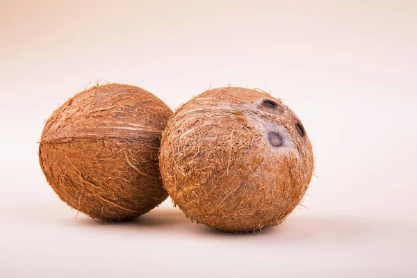 Närbild av tropiska, ekologiska och färska kokosnötter på en ljusrosa bakgrund. Exotiska ingredienser för söta desserter. — Stockfoto
