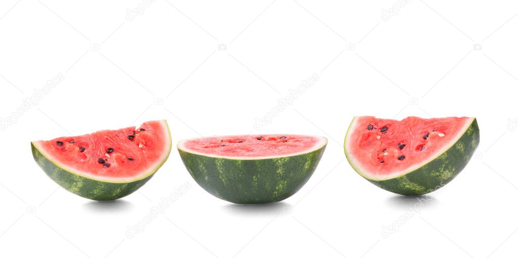 Three half of a ripe watermelon, isolated on a white background. Close-up of three pieces sweet, fresh and raw watermelon. Nutritious and organic vitamins.