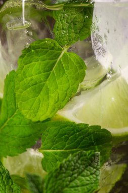 Taze nane yaprakları, buz ve limon ahşap arka plan üzerinde içkiyle Close-Up.