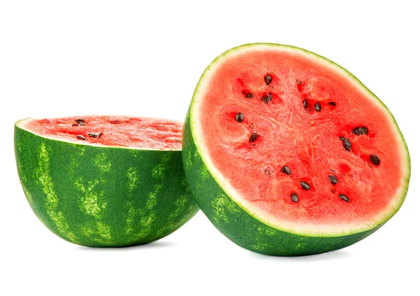 Close-up de uma melancia suculenta de redução isolada em um fundo branco. Linda, doce e refrescante melancia. Frutas frescas de verão . — Fotografia de Stock