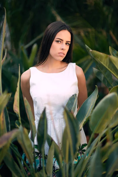 Uma menina morena atraente. Uma jovem mulher atenciosa. Uma senhora de vestido branco em um fundo de jardim tropical. Uma menina sensual . — Fotografia de Stock
