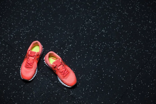 Ovanifrån av ljusa crimson sneakers för kvinnor, skor för sport rutin på en suddig bakgrund, kopia utrymme. — Stockfoto