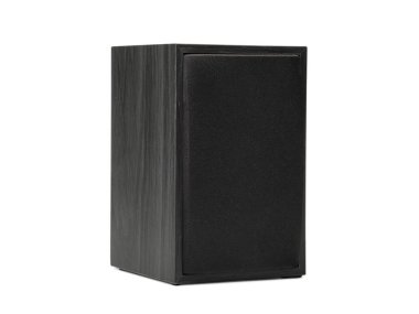 Beyaz bir arka plan üzerinde izole bir büyük siyah basit hoparlör. Ses cihazı ses kalitesi için. Kopya alanı.