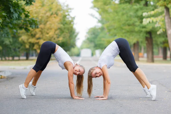 Energetische vriendinnen op een fitnesstraining op de achtergrond van een park. Sport en rek concept. Kopiëren van ruimte. — Stockfoto