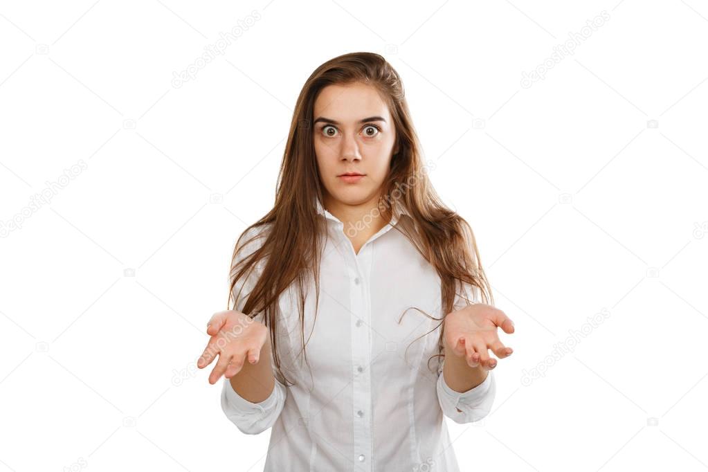 Worried woman spread hands and doesnt know what to do, isolated on white