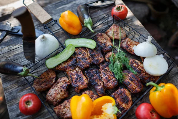 Friss Zöldségek Grillezett Hús Egy Fából Készült Asztal Erdőben — Stock Fotó