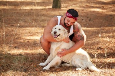 Yakışıklı genç bir labrador ormandaki açık havada ile.