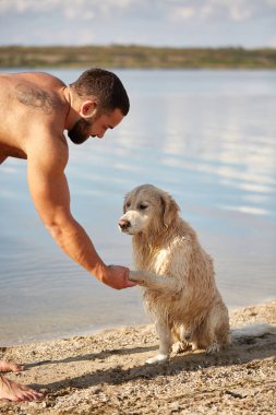 Mutlu labrador zevk sahibi ile sahilde oynarken.