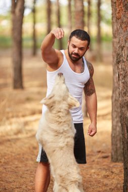 Ormanda açık yürüyen labrador köpek ile güçlü esmer adam.