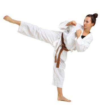Kız karate izole beyaz arka plan üzerinde üniforma