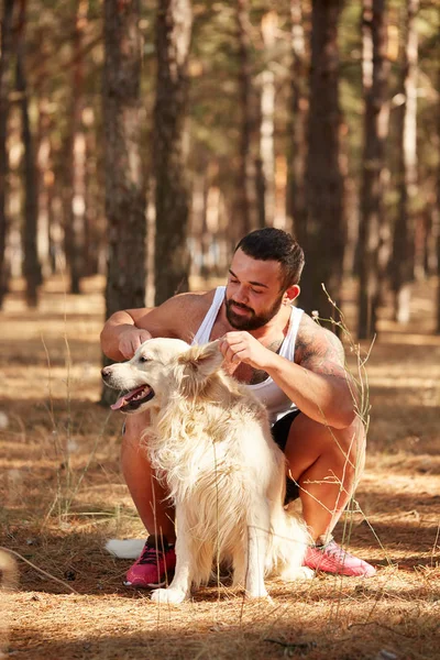 Yakışıklı genç bir labrador ormandaki açık havada ile.