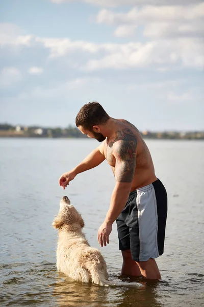 Mutlu labrador zevk sahibi ile sahilde oynarken.
