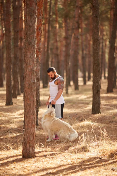 Ormanda açık yürüyen labrador köpek ile güçlü esmer adam.