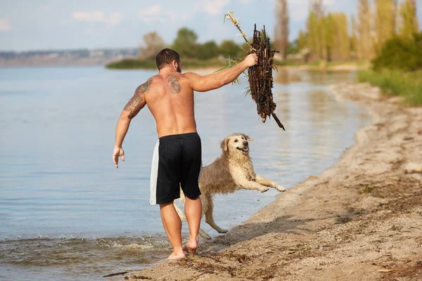 A man is playing with a dog in the water