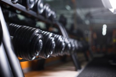 Spor salonu zemin üzerine barbell kümesi. Siyah metal ağır dumbbells kabukları. Vücut geliştirme, beden eğitimi kavramı.
