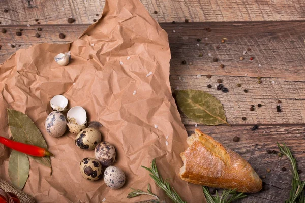 Closeup Piece Baguette Quail Eggs Speckles Hot Red Chili Pepper — Stock Photo, Image