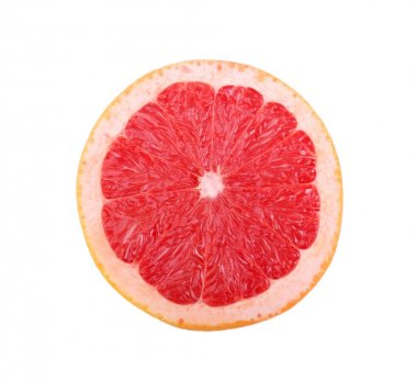 Parlak greyfurt özlü closeup. Bir yuvarlak büyük parlak kırmızı narenciye meyve heath, sağlıklı diyetler ve beyaz bir arka plan üzerinde izole etkili kilo kaybı için vitamin dolu. Narenciye.