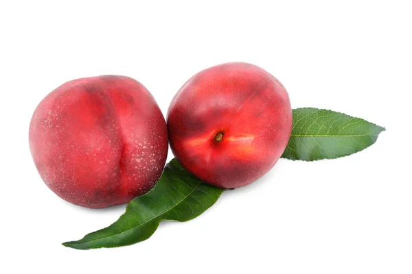 Fresh Bright Red Peaches Fresh Green Leaves Big Vivid Peaches — Stock Photo, Image