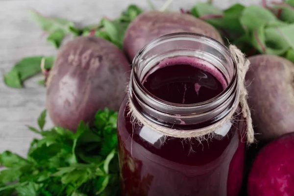 Beautiful Set Healthful Natural Vegan Red Beetroot Drink Jar Fresh — Stock Photo, Image