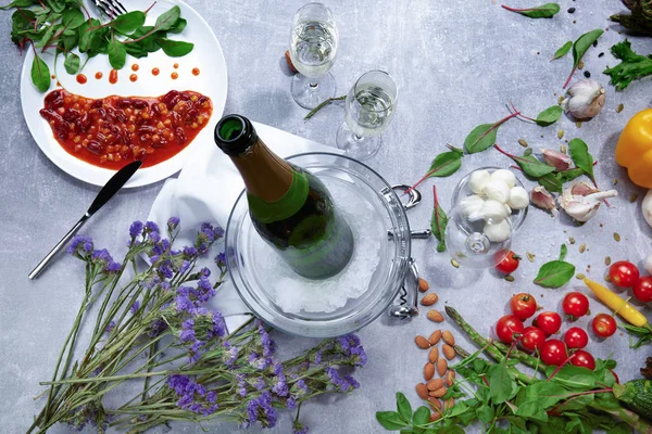 Close Table White Plate Canned Beans Red Sauce Green Bottle — Stock Photo, Image