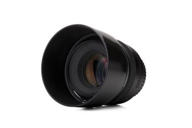 Modern kamera fotoğraf objektifi, beyaz arka plan üzerinde gösterilmiştir. Profesyonel fotoğraf ekipmanı. Profesyonel fotoğrafçı çalışma seti. Yakın çekim fotoğraf lensler.